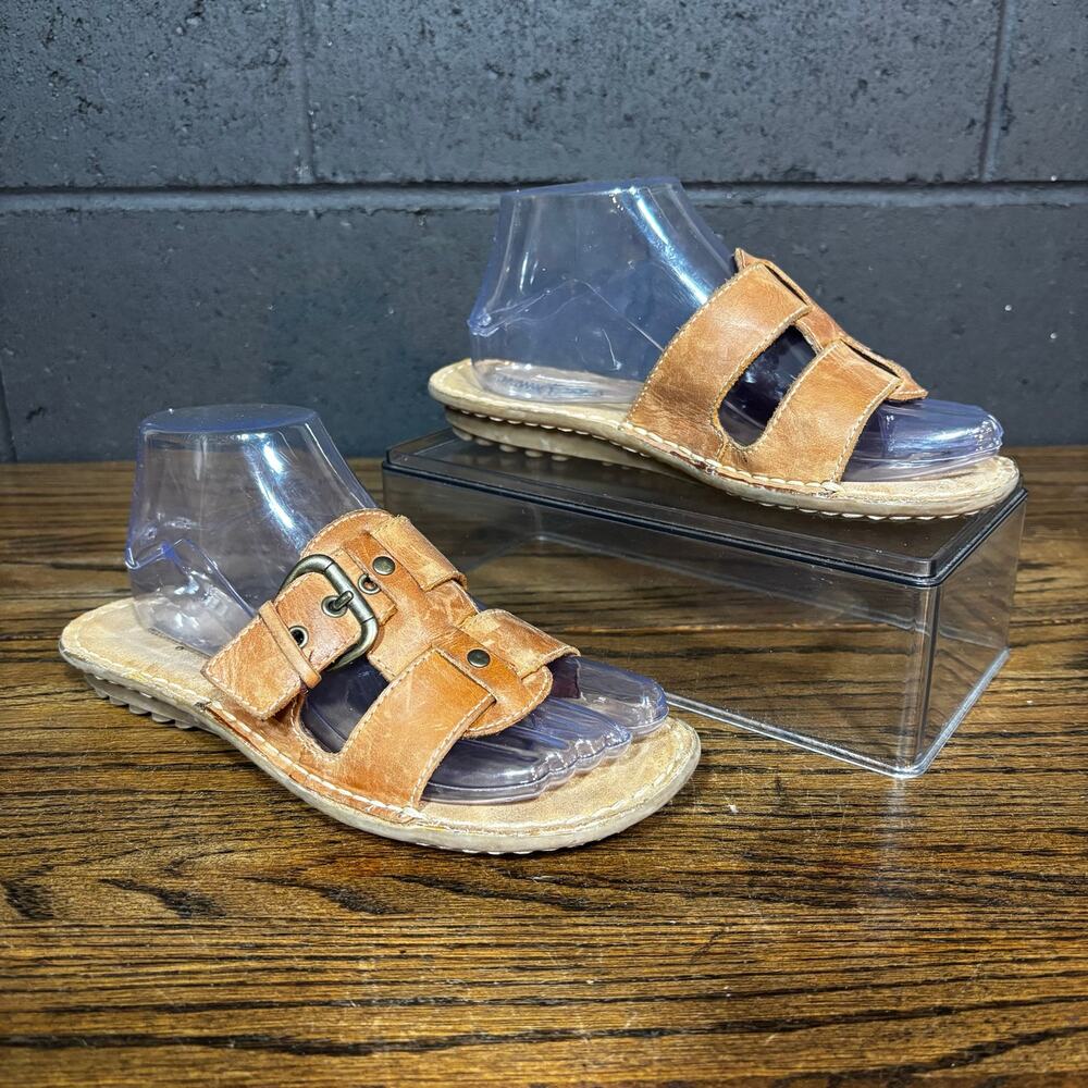Minnetonka Women’s Tan Leather Slide Sandals Buckle Strap Size 7